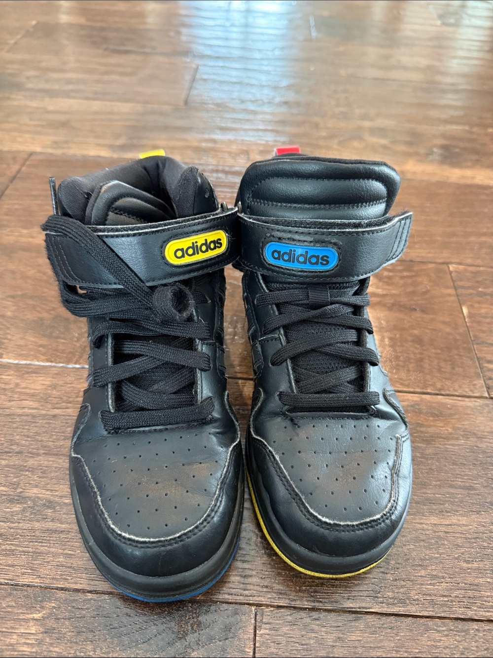 adidas Kids Black High-Top Sneakers with Yellow & Blue Logos